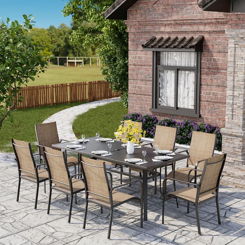 5/7/9-Piece Outdoor Patio Dining Set with Stackable Textilene Chairs and Slatted Table, Furniture with Adjustable Umbrella Hole - 9 Piece - Brown