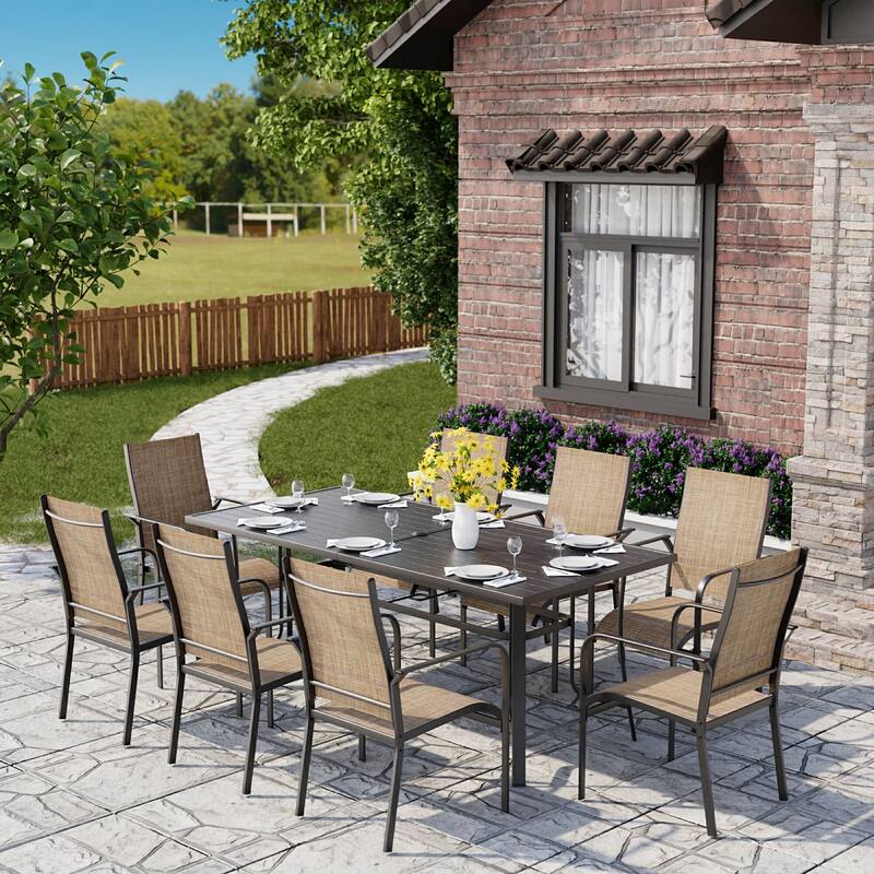 Patio Dining Set, Outdoor Dining Table and Chairs Set with Textilene Chairs, Adjustable Umbrella Hole for Garden, Backyard - 9 Piece - Brown
