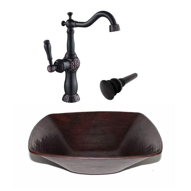15" Square Copper Vessel Bath Sink 13" Faucet Combo - 15" X 15" X 4"