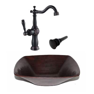 15" Square Copper Vessel Bath Sink 13" Faucet Combo - 15" X 15" X 4"