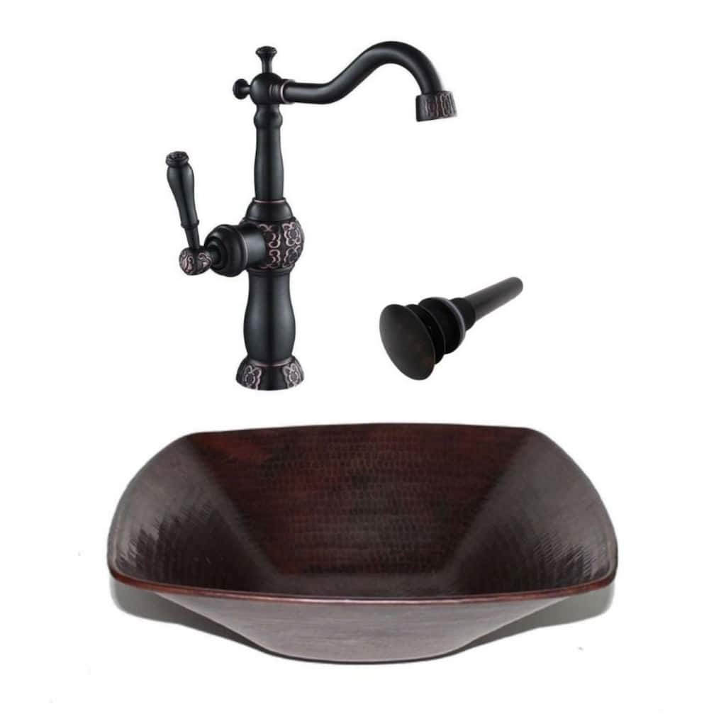 15" Square Copper Vessel Bath Sink 13" Faucet Combo - 15" X 15" X 4"