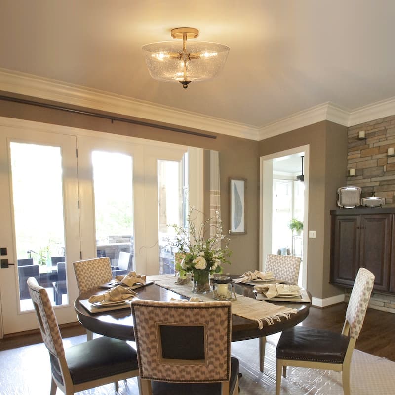 Modern Transitional 3-Light Seeded Glass Drum Flush Mount Foyer Ceiling Lights - Brass