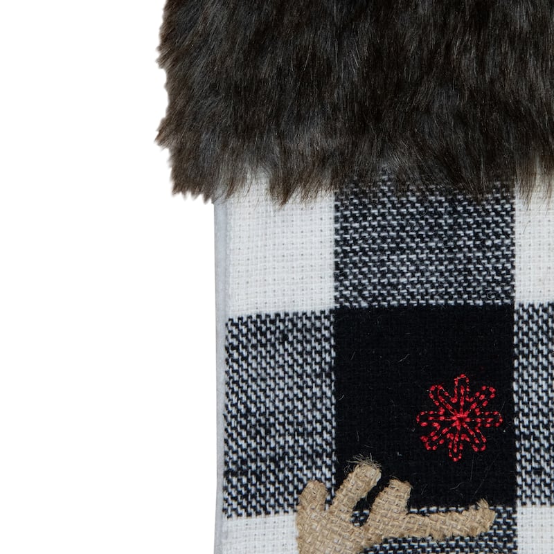 18-Inch Black and White Buffalo Plaid Burlap Reindeer Christmas Stocking - 18"