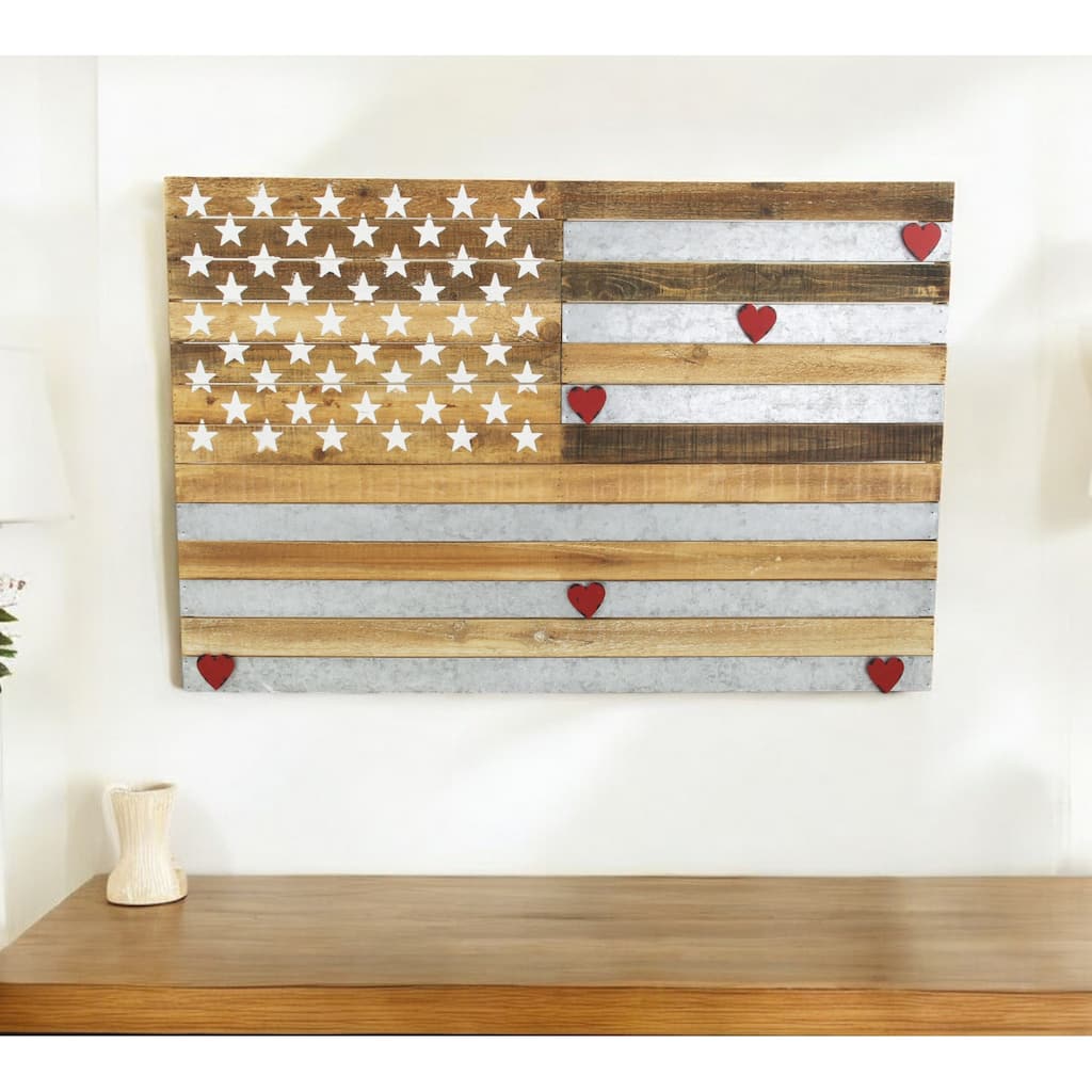 HomeRoots 24" X 36" Brown and Gray Stars And Stripes Wood and Metal Hanging Dimensional Sculpture
