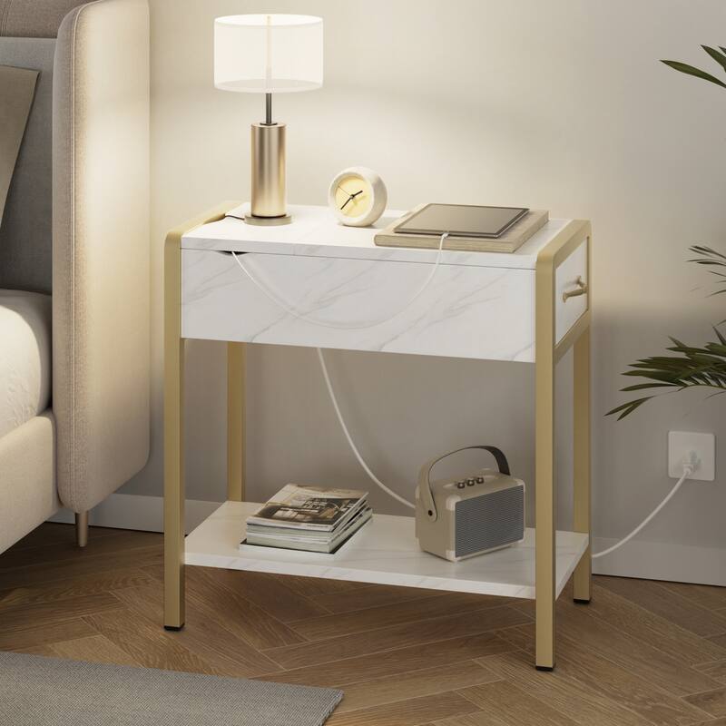Narrow Side Table with Charging Station Drawer and Storage - 12.5"D x 23.6"W x 24.4"H