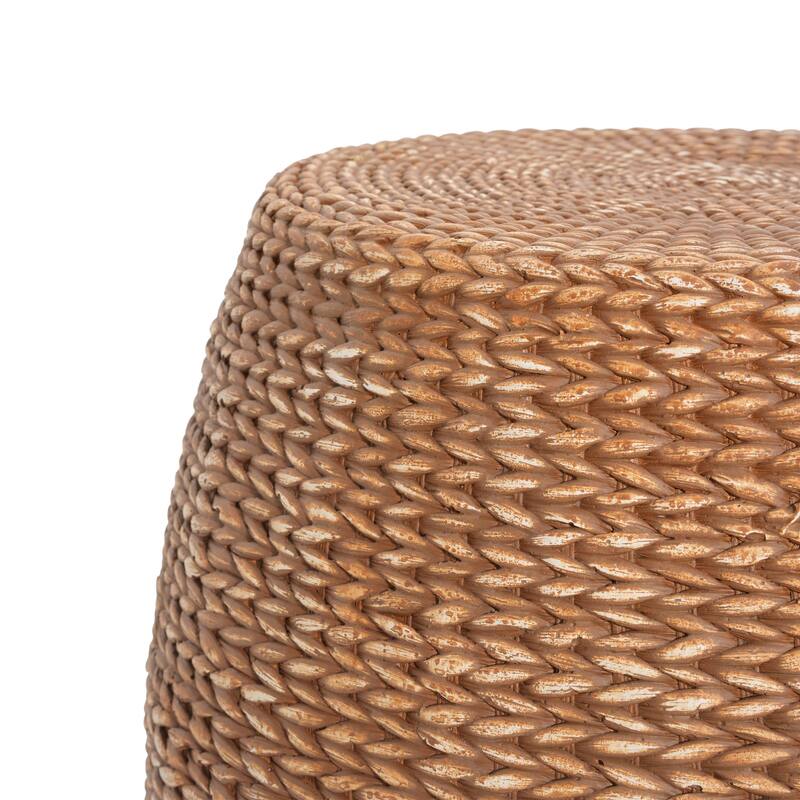 Roomfitters Nydia Outdoor Drum Shaped Side Table with Woven Straw Texture, Weather Resistant MGO, Brown