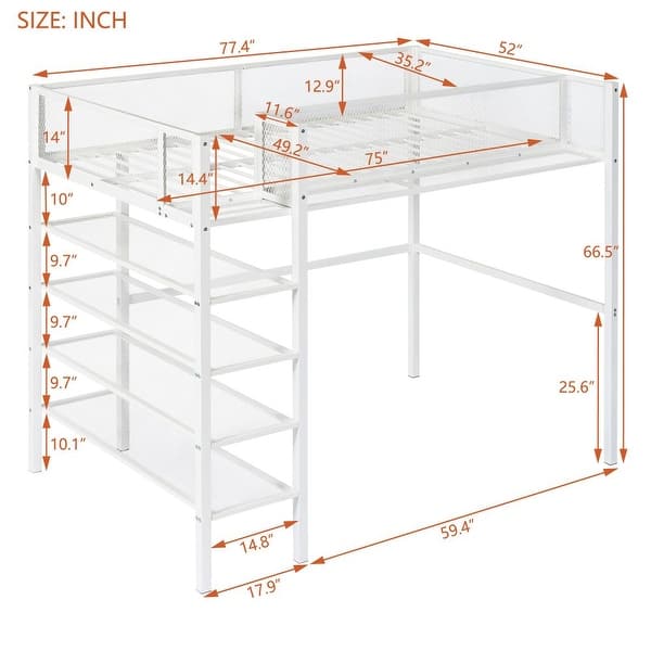 dimension image slide 1 of 6, Metal Loft Bed with 4-Tier Shelves and Storage