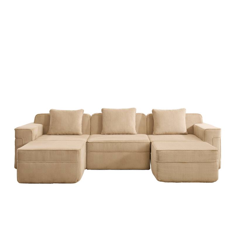 GDFStudio - Corduroy Modular 3-Seater 117.3" U-Shaped Boneless Cloud Sofa with 2 Ottomans