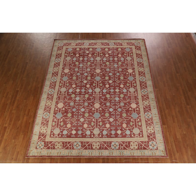 Hand Knotted Oriental 100% Wool Carpet Transitional All-Over Red Oushak Area Rug - 11' 11'' X 9' 4''