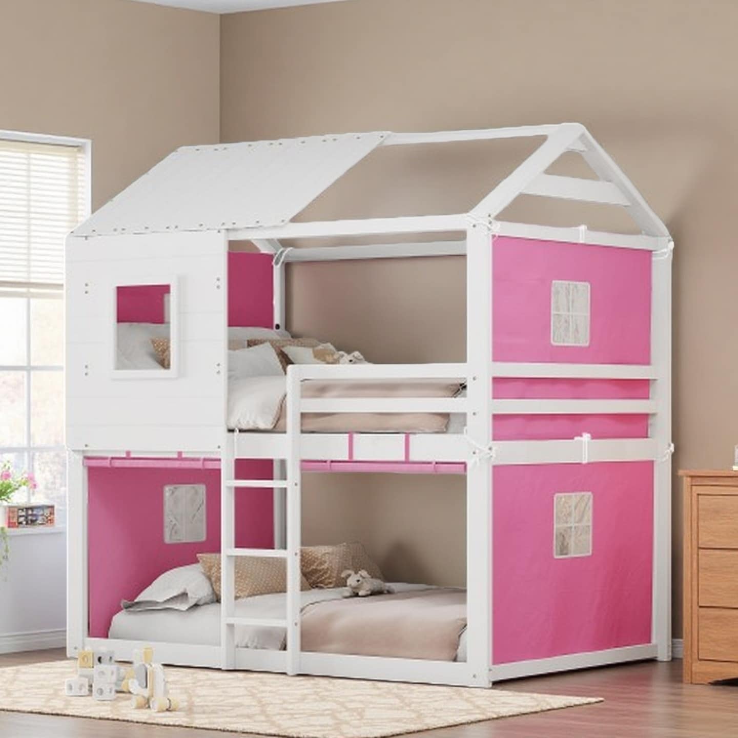 Twin Size Wooden Bunk Bed with Playhouse Tent and Roof, Pinewood Frame