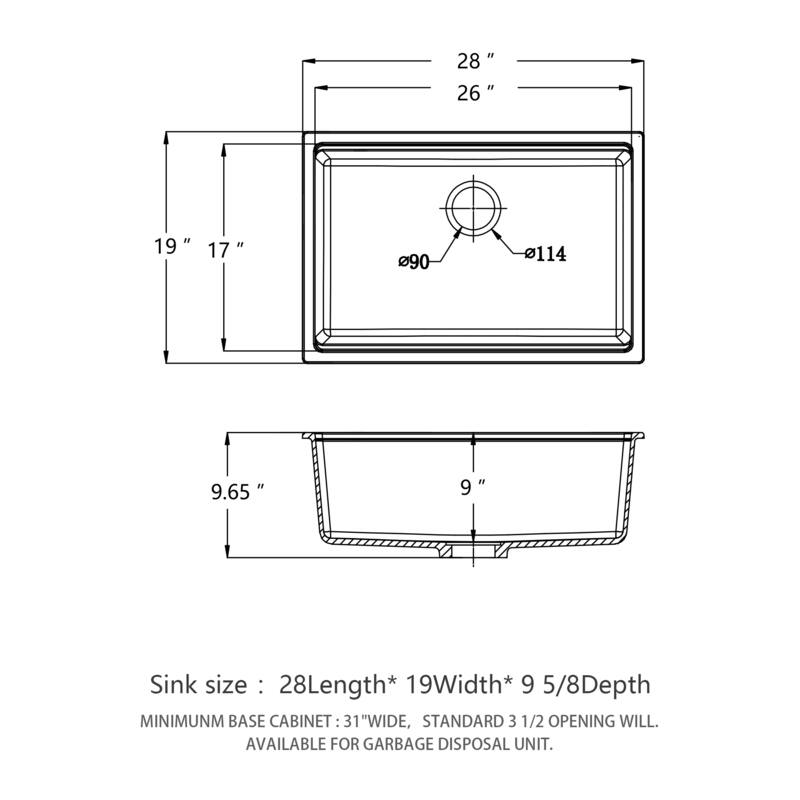 28" Undermount Single Bowl Quartz Kitchen Sink - 28'' x 19'' x 9.65''