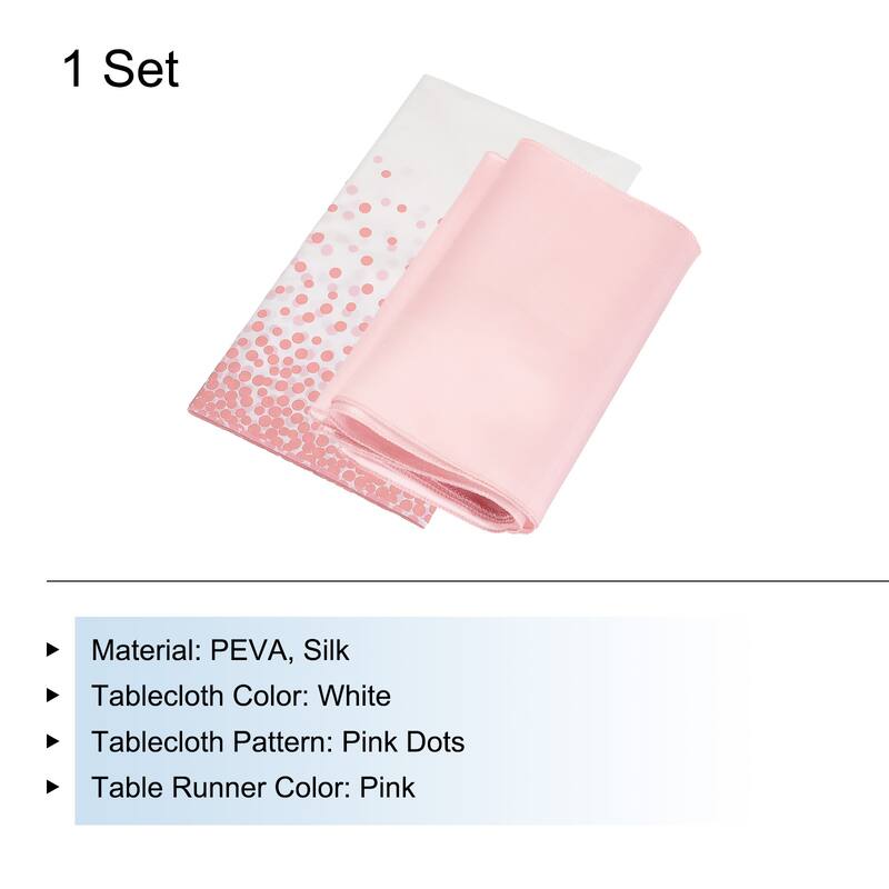 Pink Table Runner w White Plastic Tablecloth 54x108" Pink Dots 1Set - White+Pink