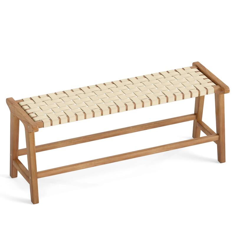 Natural-Beige Teak Wood Patio Bench with Woven Seat - 47" x 16" x 19.5" - Natural-Beige