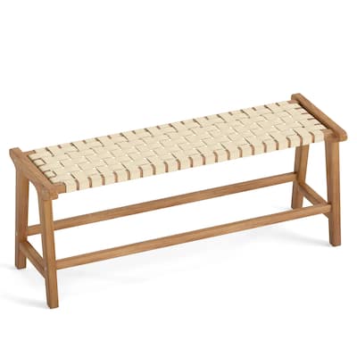 Natural-Beige Teak Wood Patio Bench with Woven Seat - 47" x 16" x 19.5"