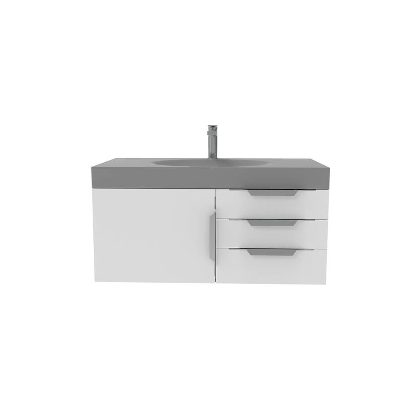 Thames 36" Shallow Basin Wall Mounted Bathroom Vanity Set w/ Gray Top - White - Brushed Nickel Finish