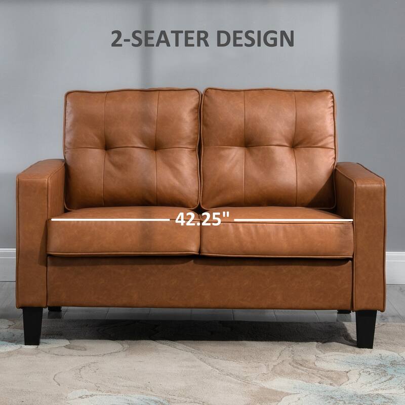 Faux Leather Upholstered Loveseat Sofa, Small Sofa Couch with Wood Legs, 2 Seater Sofa with Button Tufted Back