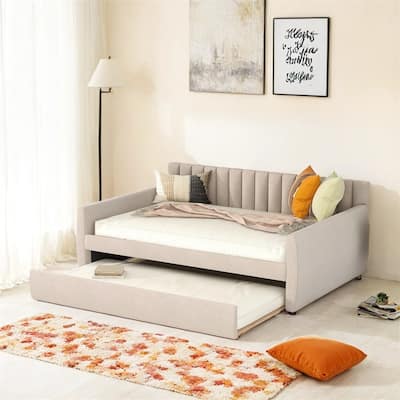 Full Size Upholstered daybed with Trundle and Wood Slat Support