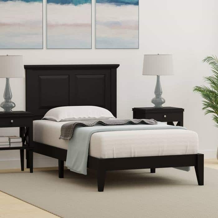 Solid Oak Platform Bed with Tapered Legs and Headboard - Black - Twin