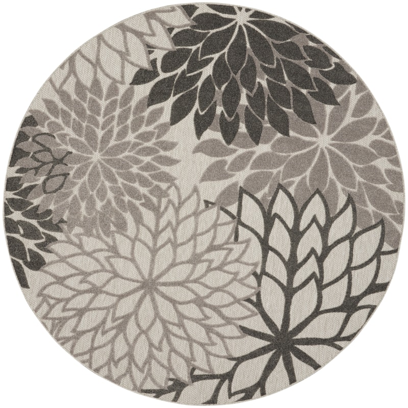 Nourison Aloha Floral Modern, Indoor/Outdoor Area Rug - 5'3" x Round - Silver/Grey