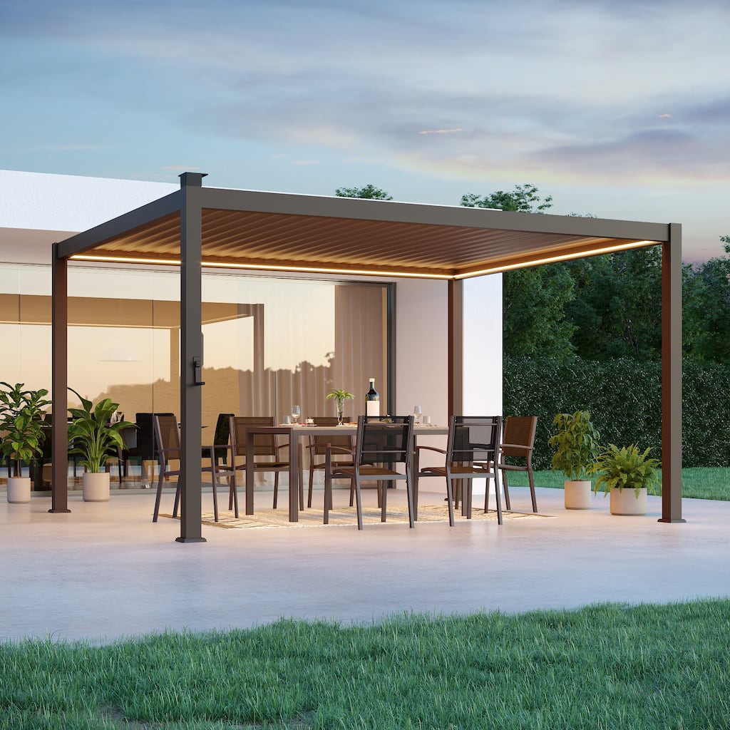 BONOSUKI Outdoor Aluminized Steel LED Louvered Pergola with Adjustable Roof, Brown