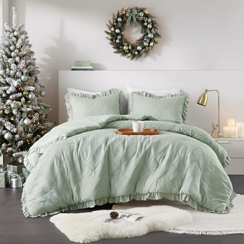 Chelsea Square Himari Diamond Quilted Ruffle Edge Comforter Set - Sage - King