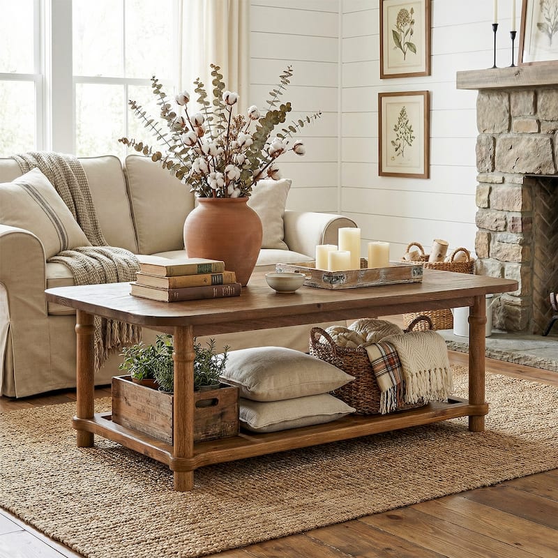 47" Rectangle Coffee Table with Storage Shlef, Solid Wood, Turned Leg