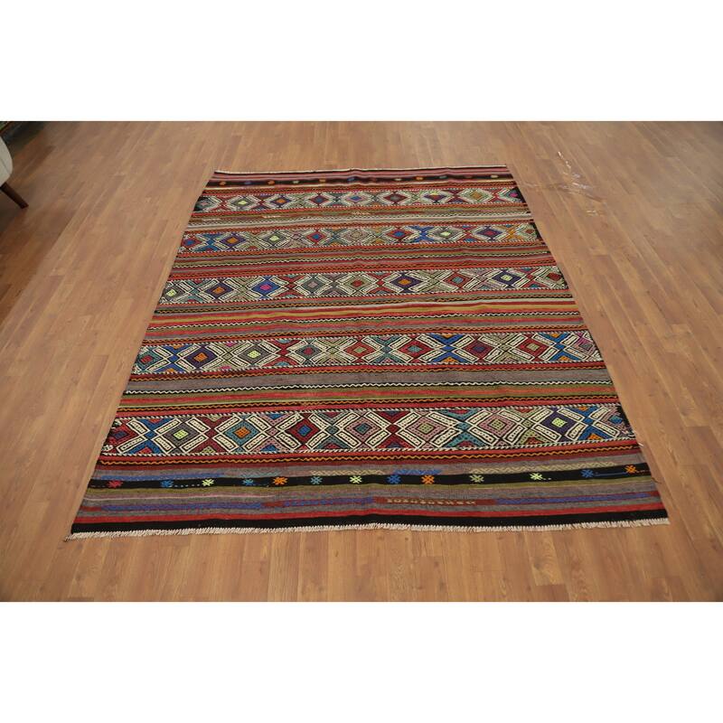 Hand Woven Oriental 100% Wool Carpet Southwestern Tribal Multi-Colored Kilim Area Rug - 7' 2'' X 6' 0''