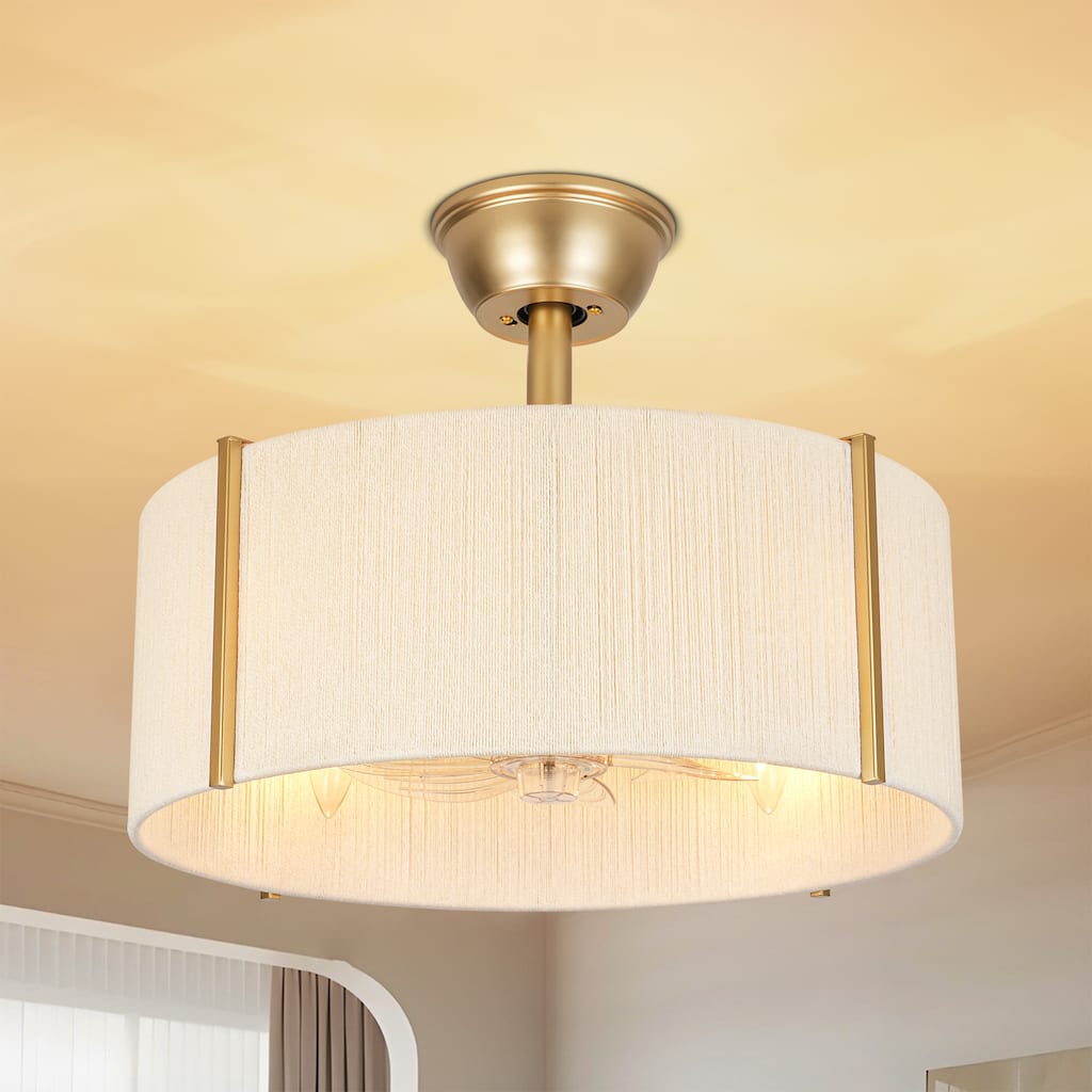 4-Light Modern Farmhouse Gold Drum Indoor Fabric Ivory Rope Round Ceiling Fans Lighting with Remote Control