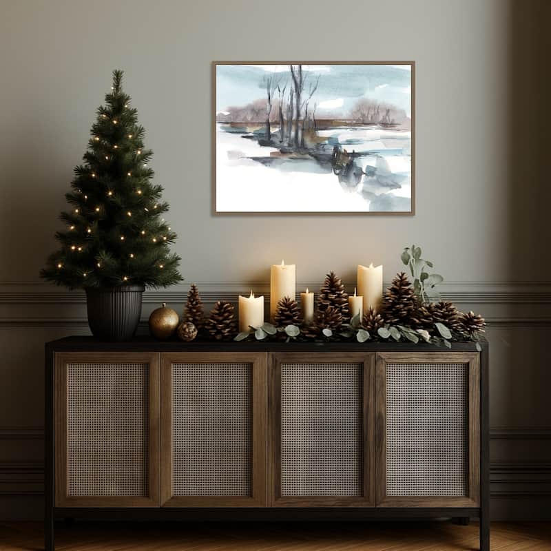 Winter Stream Watercolor II by Ethan Harper Framed Canvas Wall Art Print - Sylvie Dark Gold