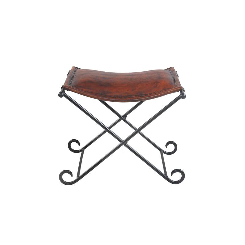 Sevita Theo Artisan Handmade Leather and Iron Accent Stool, 21" L x 17.5" W x 18" H