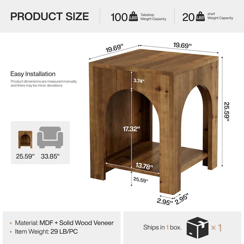 2 Tier End Table for Living Room, Square Couch Side Table for Bedroom, Farmhouse Style