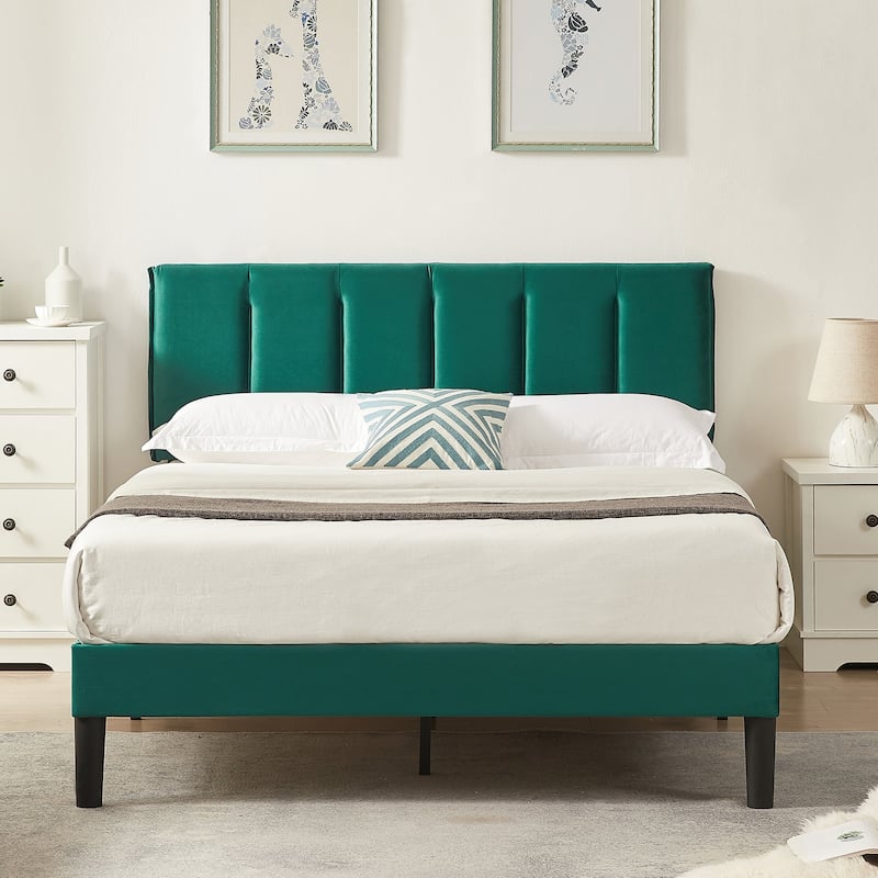VECELO Tufted Upholstered Platform Bed Frame with Adjustable Height Headboard Twin/Full/Queen Size Beds - Green - Full
