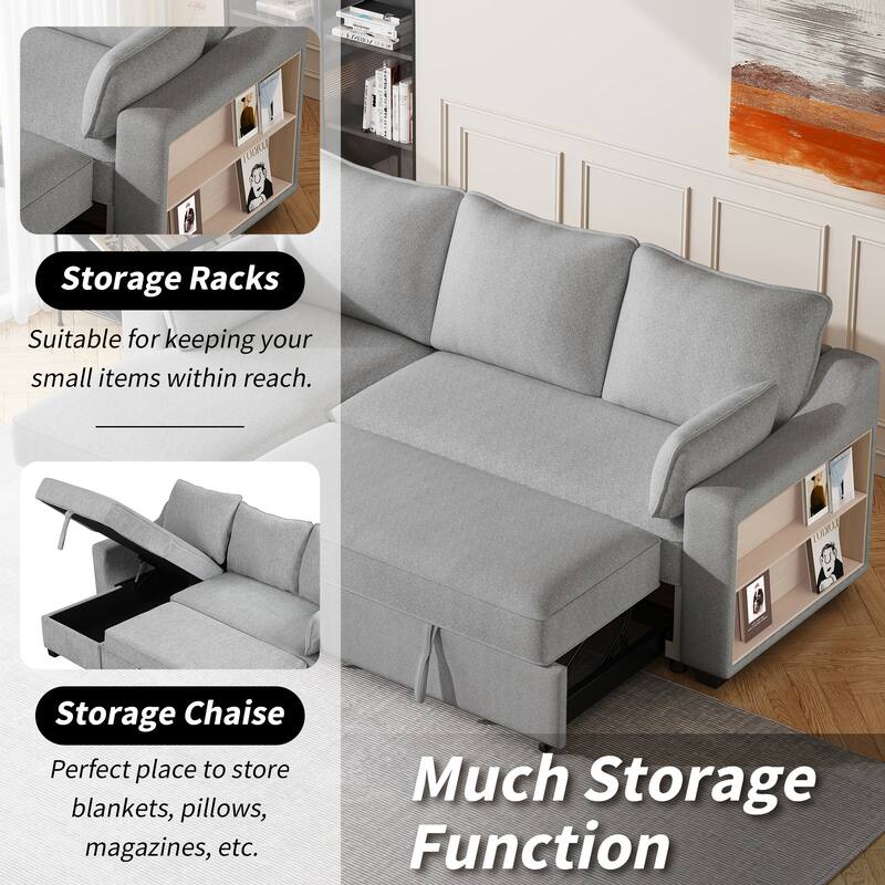 90" Pull Out Sleeper Sofa L-Shaped Couch Convertible Sofa Bed with Storage Chaise, Storage Racks and USB Ports, Light Brown
