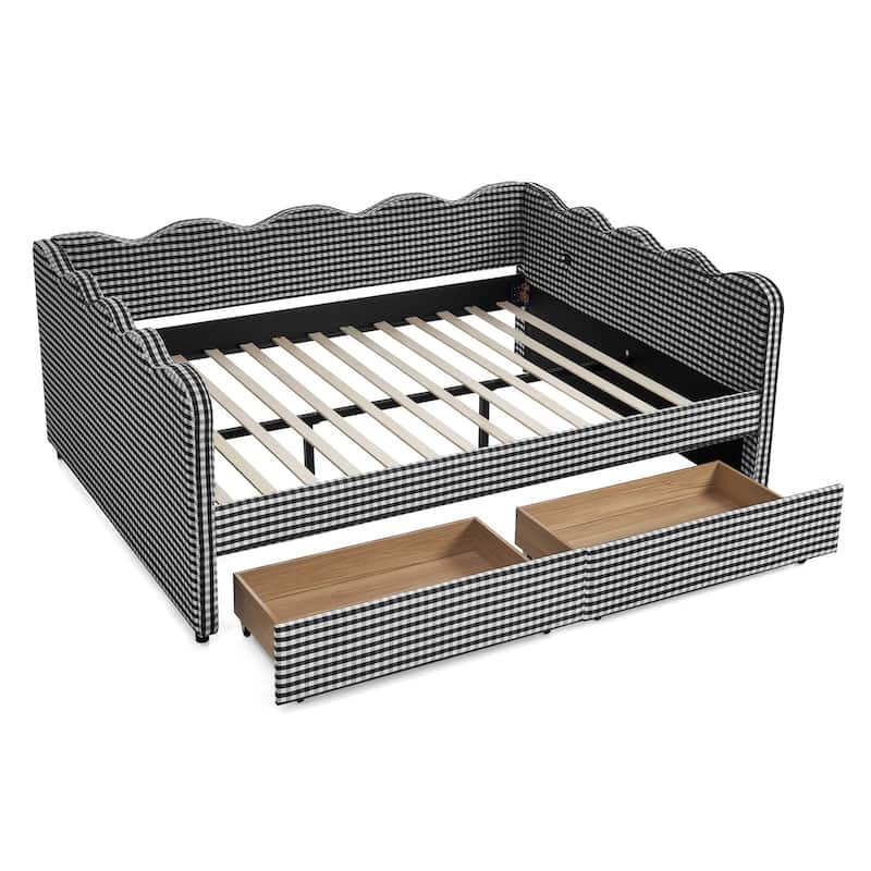 Full/Queen Gingham Daybed with 2 Storage Drawers, USB Port & Wave Shaped Linen Fabric