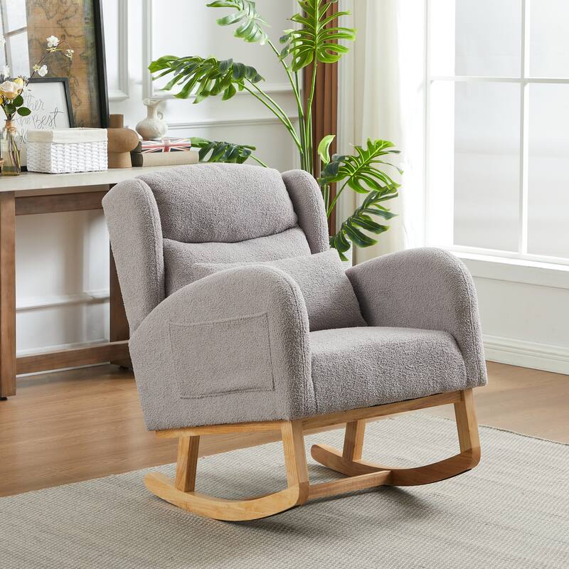 Modern Accent Rocking Chair with Pillow, High Backrest Arm Chair Accent Chair Glider Lounger with 2 Side Pockets for Living Room