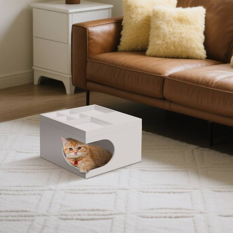 Roomfitters Multifunctional Cat Station Furniture, Small & Medium Cat House & Bed, Living & Bed Rooms, Creamy White