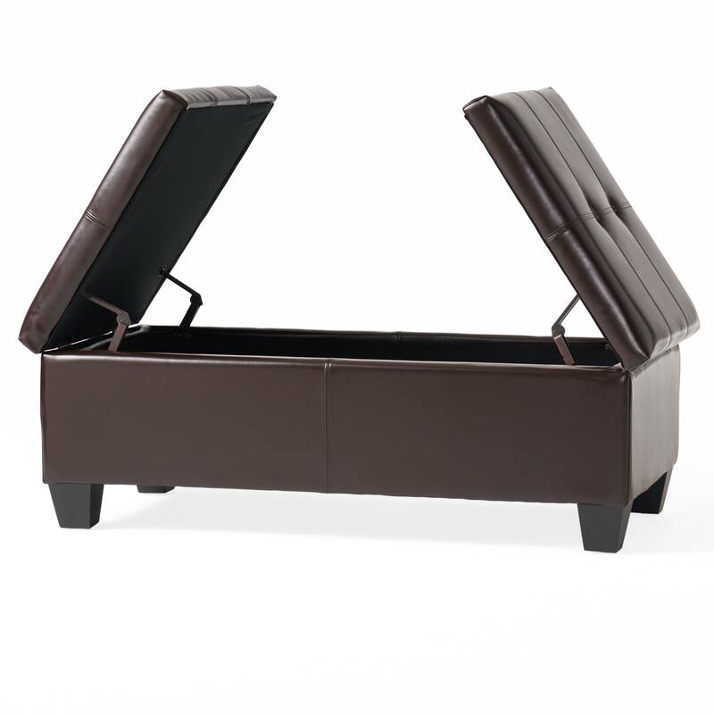 PU Leather Storage Ottoman with Double Opening Tray and Upholstered Top