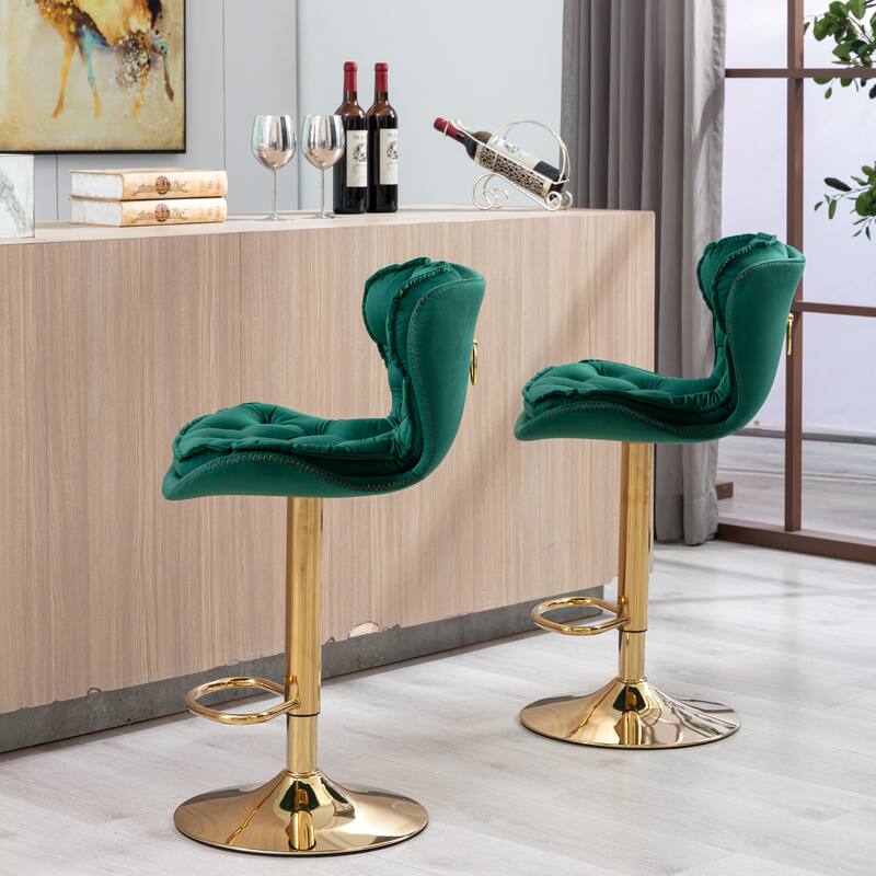 2 Velvet Bar Stools with Chrome Footrest and Base Swivel Height Adjustable - N/A