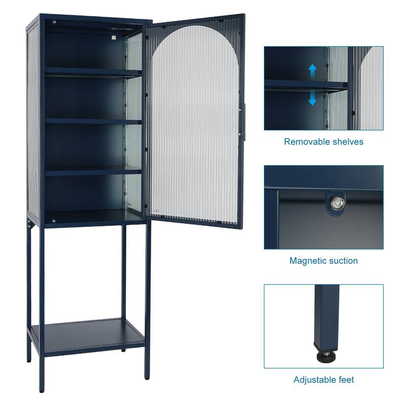Stylish Tempered Glass High Cabinet with Arched Door Adjustable Shelves and Feet Anti-Tip Dust-free Fluted Glass Kitchen