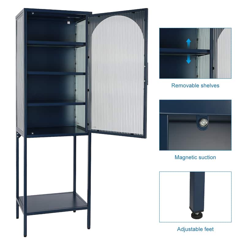 Tempered Glass High Cabinet with Arched Door Adjustable Shelves and Feet Anti-Tip Dust-free Fluted Glass Kitchen Credenza