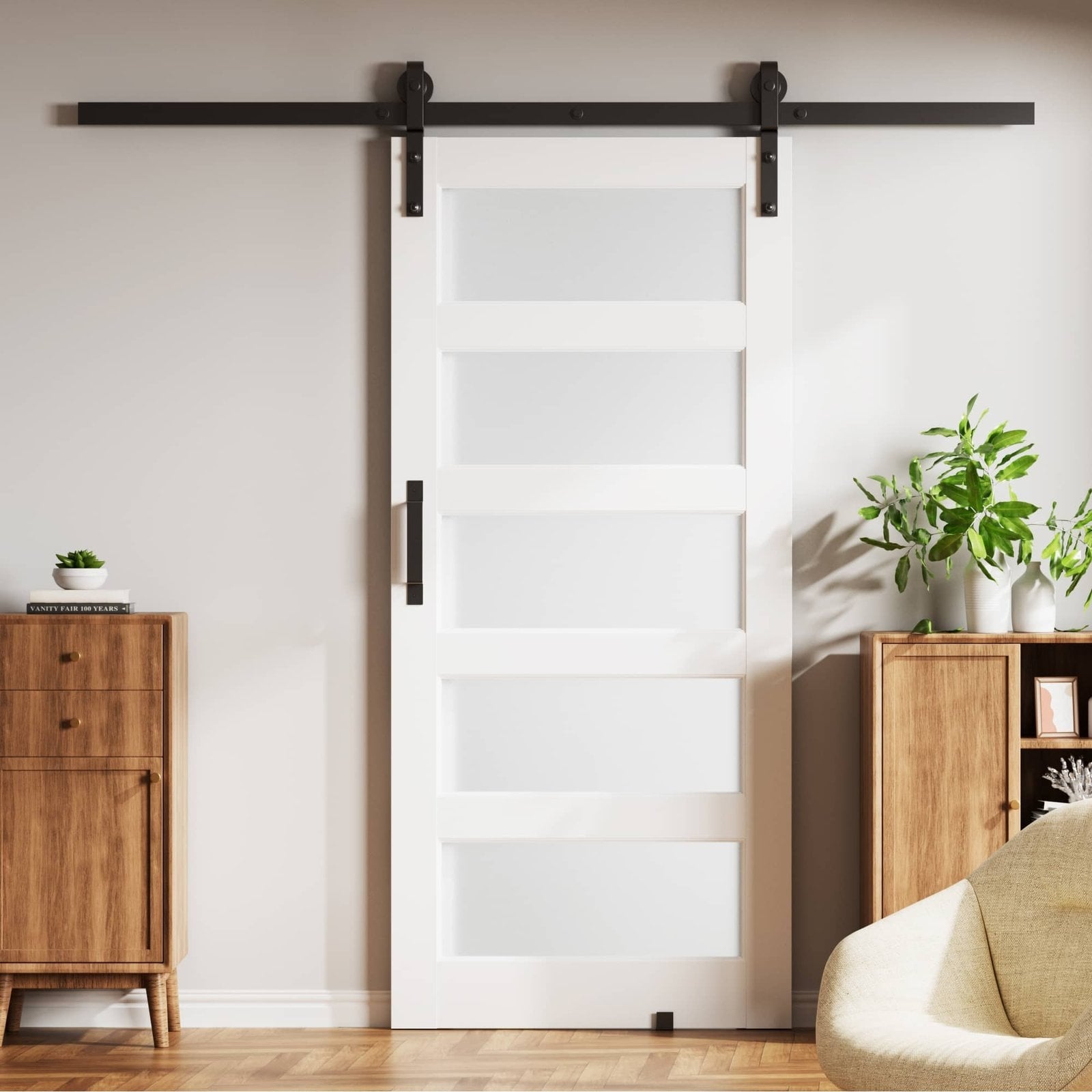 84''H 5 Lite Tempered Frosted Glass Interior Sliding Barn Door With Hardware Kit