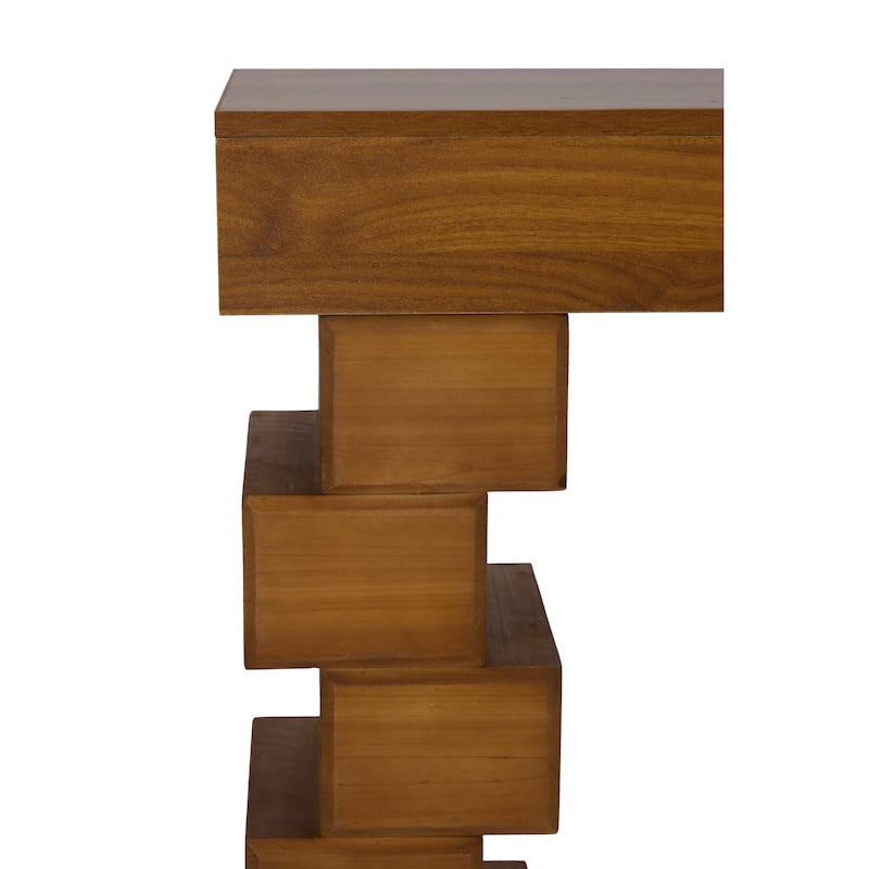 Geometric Block Stacked Wood Console Table with Warm Natural Finish