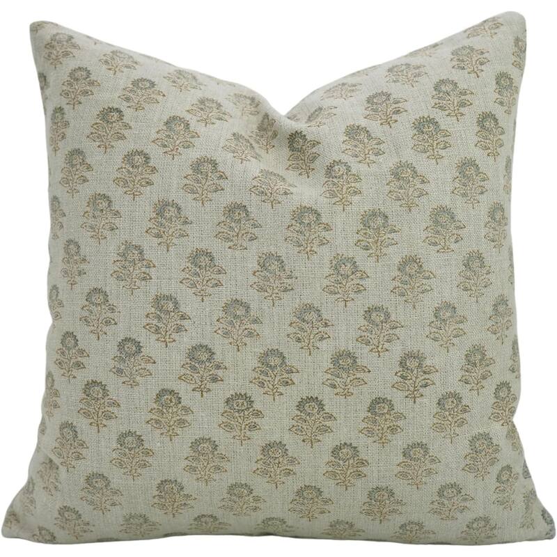 Fabdivine Blue Thick Linen Hand Block Farmhouse Decorative Pillow Cover