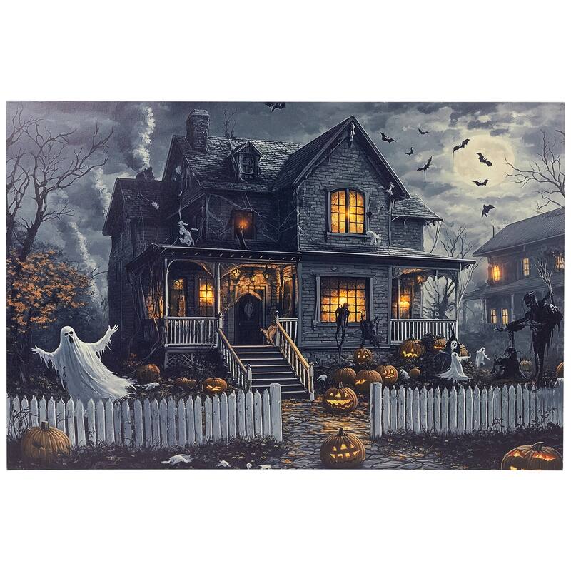 LED Lighted Haunted House Halloween Canvas Wall Art - 15.75 x 23.75"