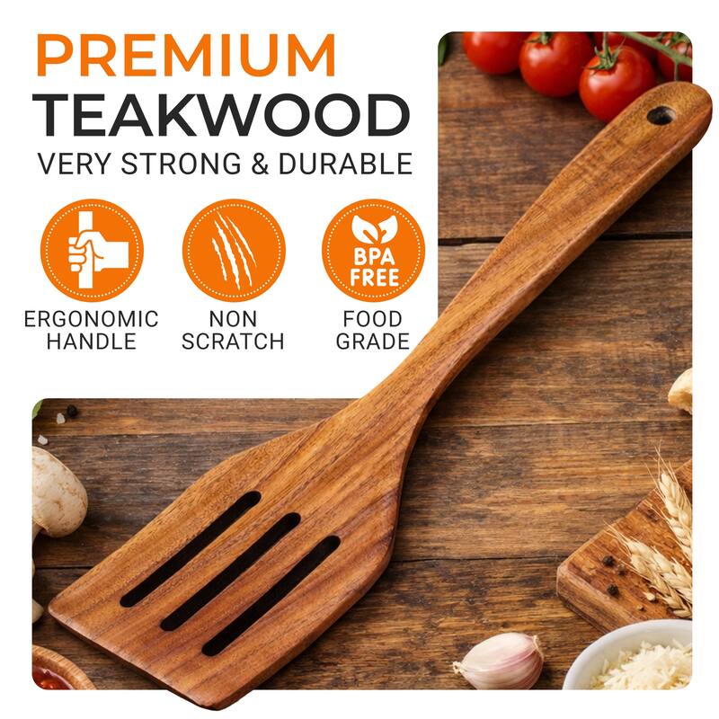 Cheer Collection Teak Wood Slotted Cooking Spatula with Drain Slots for Nonstick Cookware