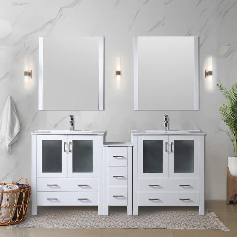 Volez Double Bath Vanity with Side Cabinets, Faucet Set, White Ceramic Top and Mirrors - 72