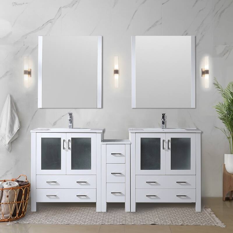 Volez Double Bath Vanity with Side Cabinets, White Ceramic Top and Mirrors