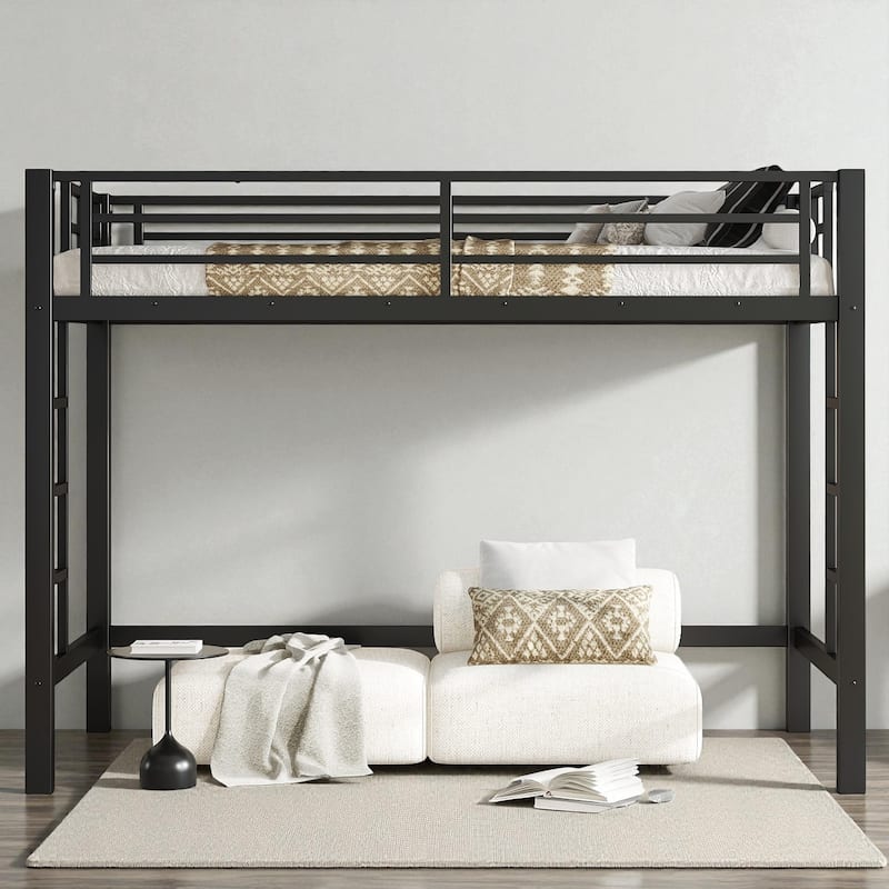 Twin/Twin XL/Full/Queen Size Metal Loft Bed with Guardrails and Dual Ladders, Space-Saving Loft Bed Frame for Bedroom or Dorm