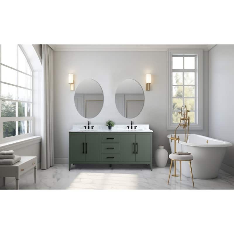 Vanity Art 72" Double Sink Bathroom Vanity Cabinet with Engineered Marble Top - 72"/Matte Black Handle - Vintage Green
