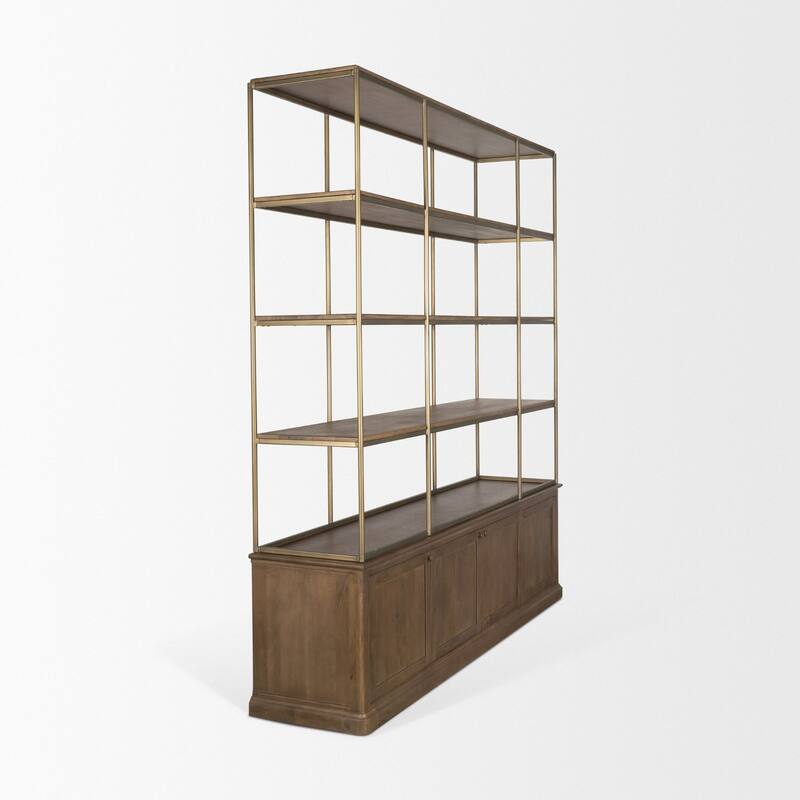 Baron Light / Dark Brown Wood w/ Antiqued Aged Brass Metal 2-Door / 4-Door Open Shelving Unit